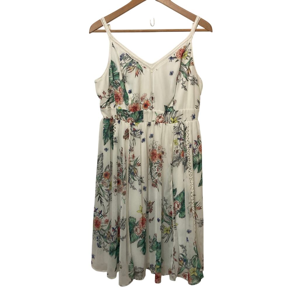 Torrid White Lace Up Spring Floral Spaghetti Strap Fit Flare V-Neck Mini Dress